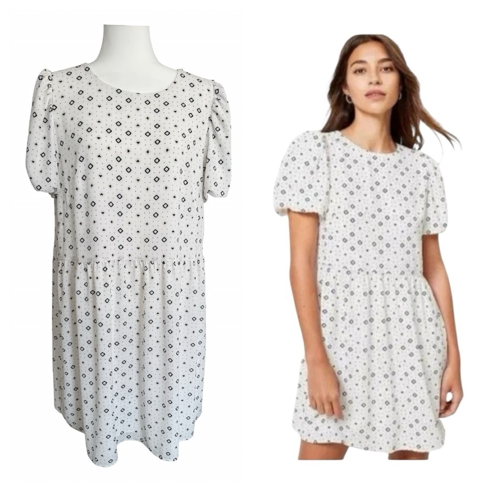 NWOT LOFT Puff Sleeve Babydoll Swing Dress Size 14 White Black Geo Print Lined
